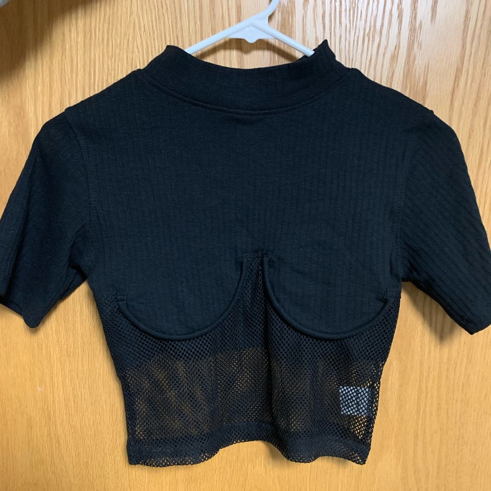 ASOS black ribbed/mesh mockneck short sleeve shirt